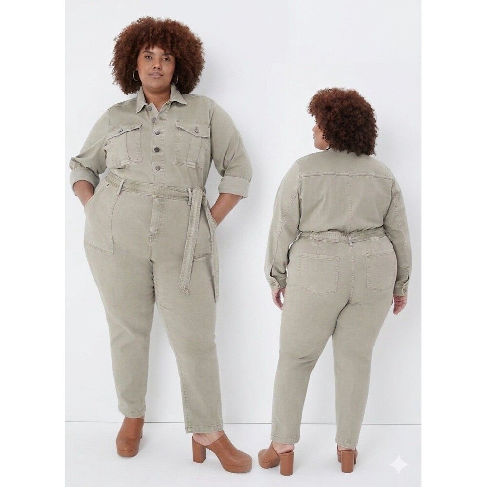 Lane Bryant Jumpsuit Womens 22L Plus Green Utility Button Front Belted Pockets - Picture 1 of 10